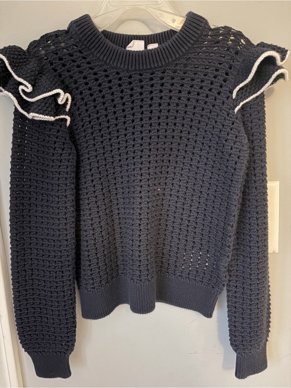 Girl’s (100 cotton) Navy Crochet Knit Sweater with Ruffle Shoulders